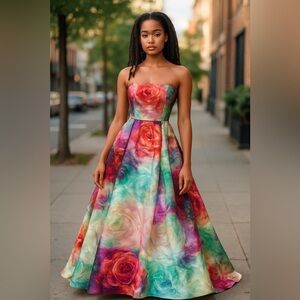 This whimsical ball gown has beads, two side pockets & is fully lined.